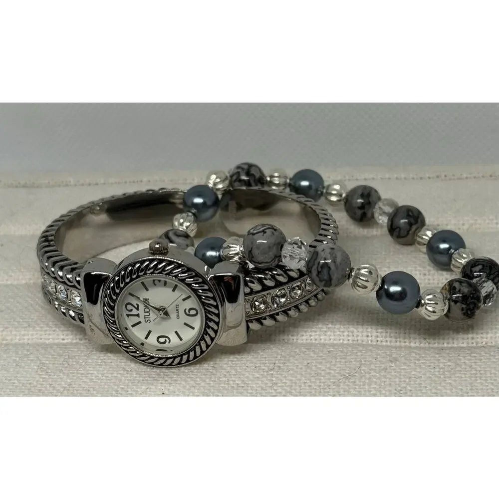 Studio Time Silver Cuff Watch NWT + Beaded Bracelet Set